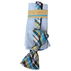 ORIGINAL PENGUIN Blue Plaid Pre-Tied Bow Tie Solid Cotton Pocket Square Set